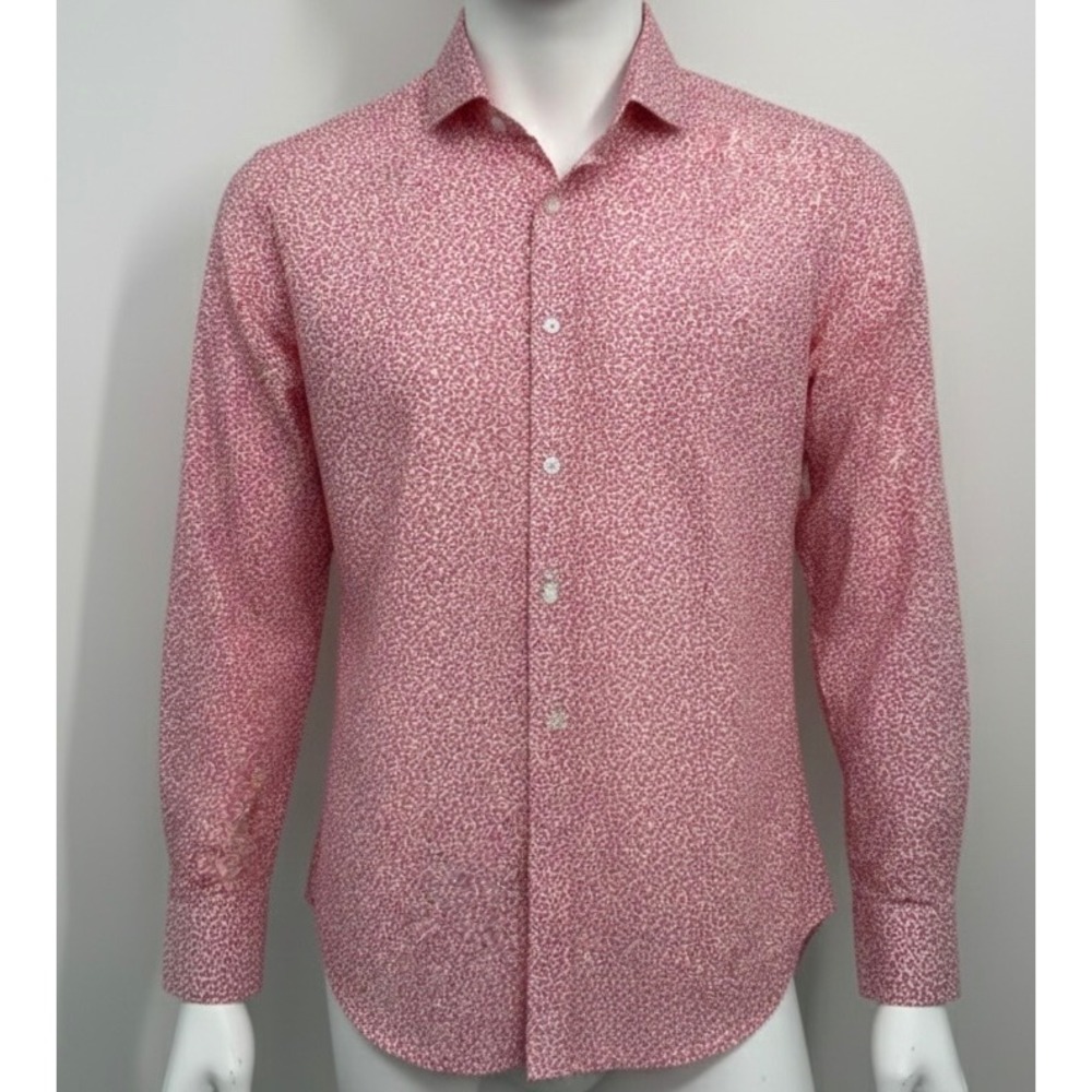 Bonobos Mens Pink White Leaf Print Cotton Linen Italian Shirt Tailored Slim 14.5